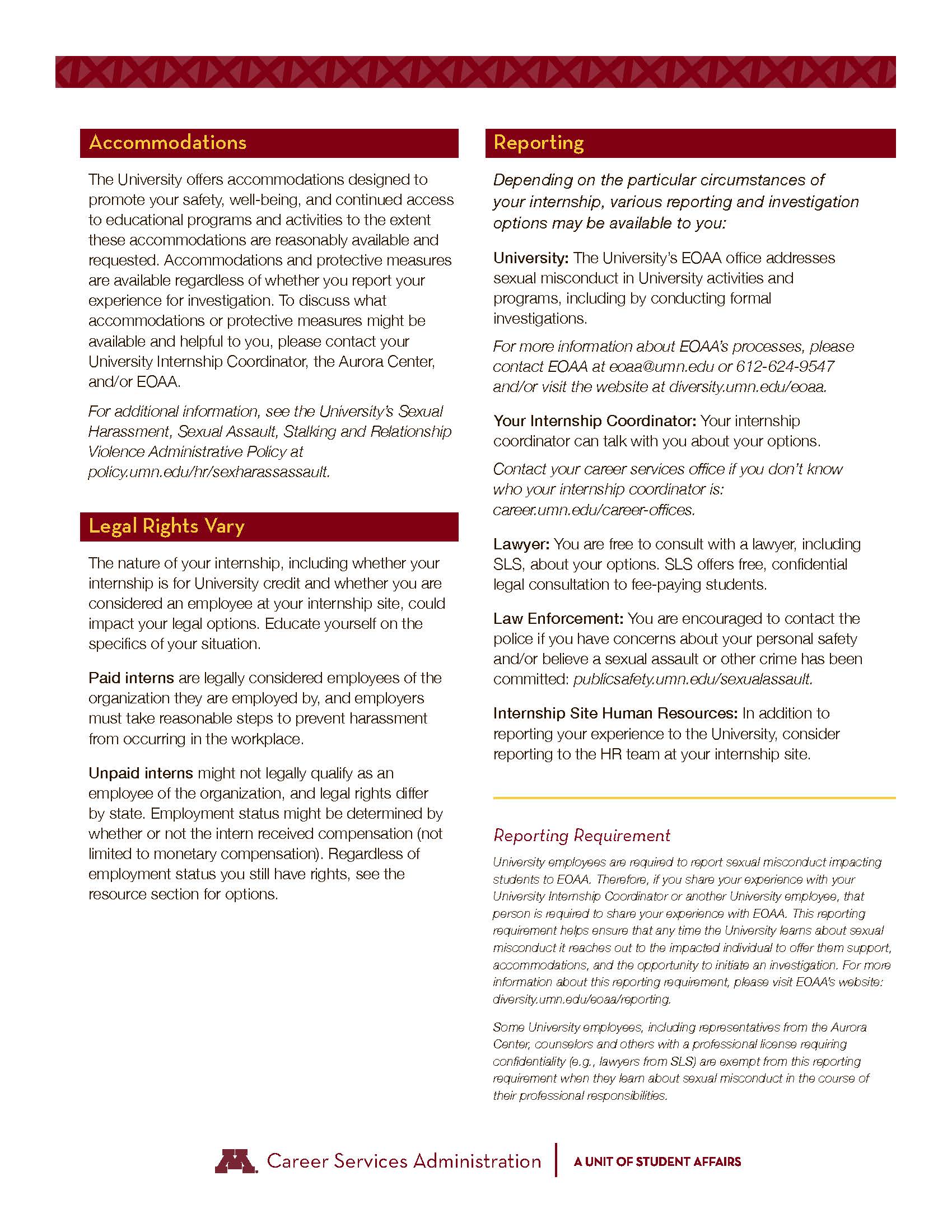 Second page of document on resources if sexual harassment occurs in an internship