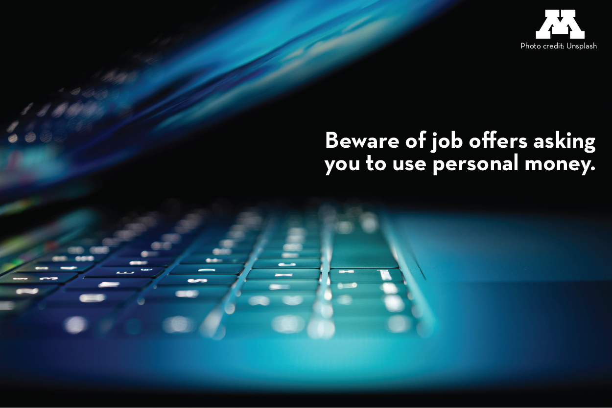 Laptop with text: beware of job offers asking you to use personal money