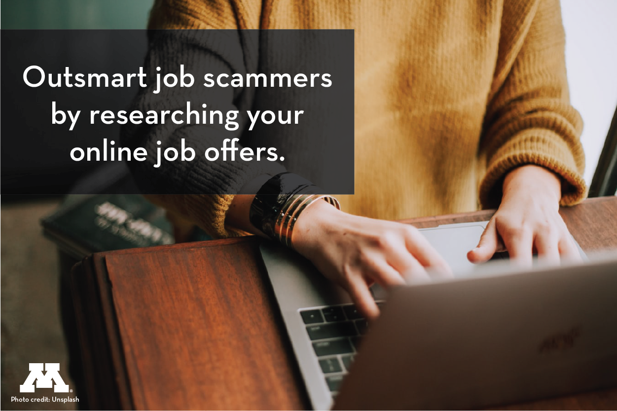 Person at laptop with text: outsmart job scammers by researching job offers