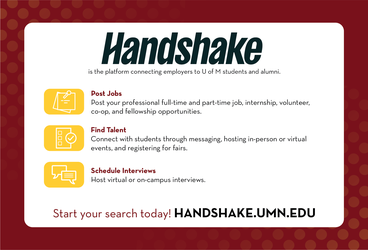 Back of employer postcard highlighting that employers can post jobs, find talent, and schedule interviews through Handshake.