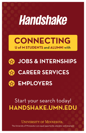 Preview of poster saying Handshake connects students and alumni to jobs and internships, career services, and employers.